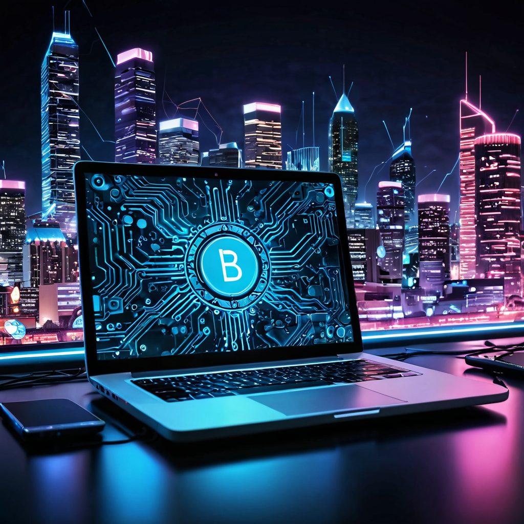 A dynamic scene depicting a laptop showcasing code on the screen, surrounded by circuit boards and gears symbolizing firmware. Floating icons represent various blogging functionalities such as writing, editing, and sharing. The background features a lively, tech-inspired skyline with neon lights and digital elements, representing the evolution of blogging in the tech world. super-realistic. vibrant colors. futuristic theme.