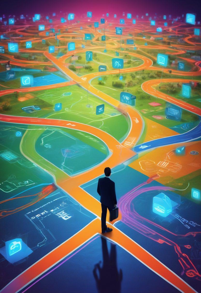 A vivid illustration of a person confidently standing at a crossroads with different paths labeled as 'Content Creation', 'Tech Innovations', and 'Networking Strategies'. The background features a vibrant digital landscape filled with symbols of blogs, computers, and networking nodes, signifying the blogosphere. Bright colors and modern design elements should convey energy and creativity. 3D perspective. vibrant colors.