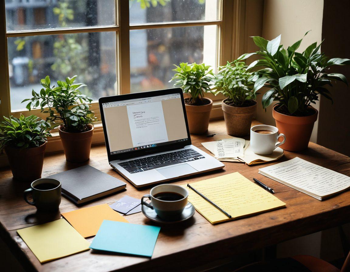 A cozy workspace with a vintage wooden desk, laptop open displaying a colorful online journal interface. Freshly brewed coffee cup, potted plants, and sticky notes scattered around, symbolizing creativity and organization. A window with soft natural light pouring in, casting shadows on the desk. A networking graphic with interconnected nodes subtly blended in the background, representing communication. warm tones. super-realistic.